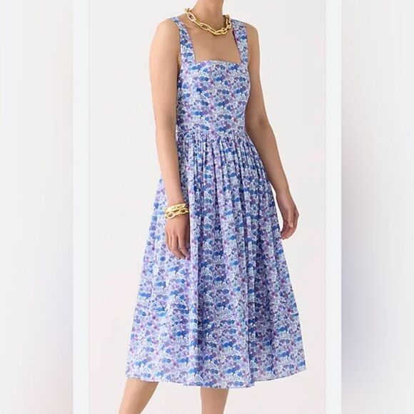 J.Crew Liberty Cloth Floral Apron Fit & Flare Open Back Midi Dress NWT Size 6 - Picture 1 of 16